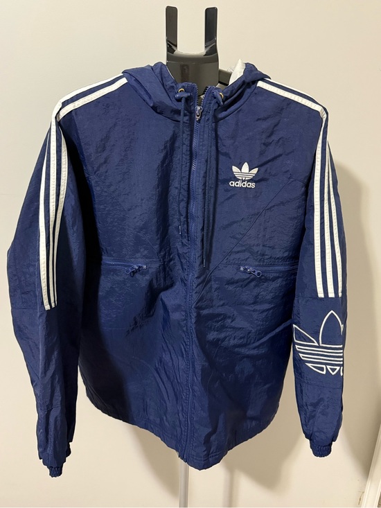 adidas Other - Vintage Adidas Windbreaker Jacket L Navy Trefoil Embroidered 3 Stripe Hooded